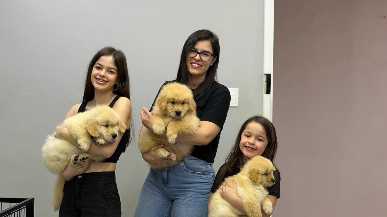 Família segurando filhotes de Golden Retriever