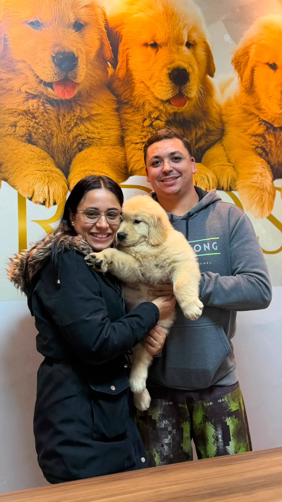 Casal com um filhote de Golden Retriever